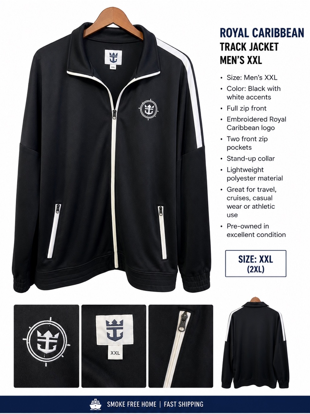 Royal Caribbean Logo Full Zip Track Jacket Black White Mens  XXL